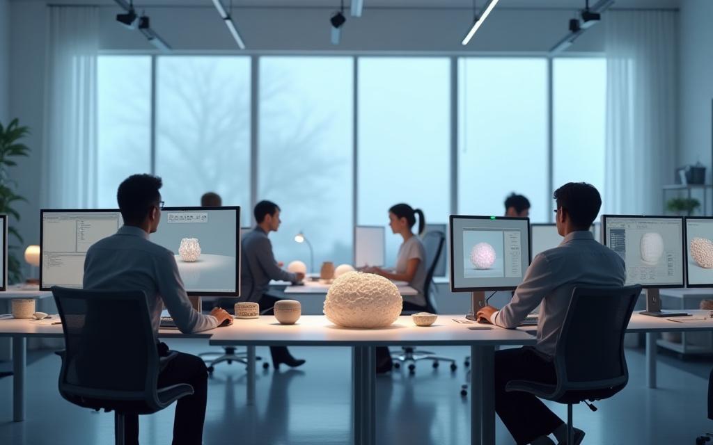 Miraquartz Studio: Team bei der Arbeit, umgeben von 3D-Modellen und Bildschirmen.